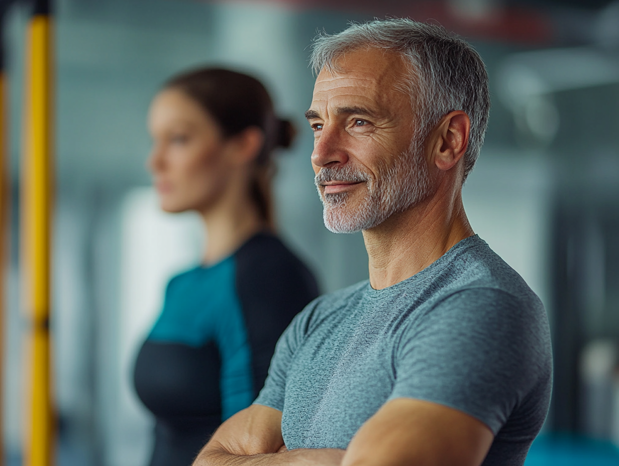 Щаслива пара старшого віку займається фітнесом